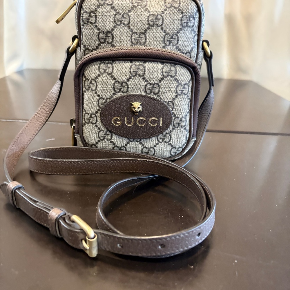 Gucci Beige Brown GG Canvas Mini Crossbody Backpack with Yellow Handle - Picture 11 of 12